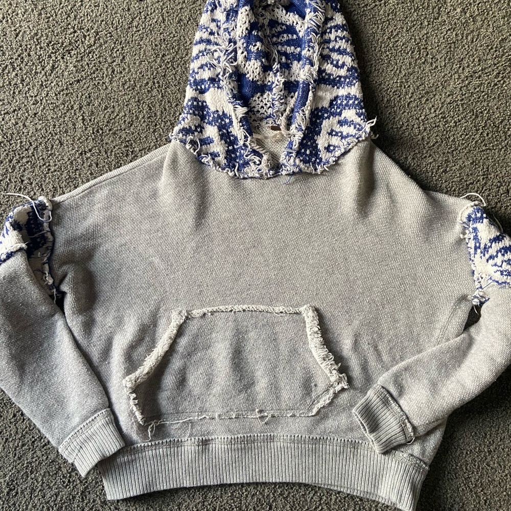 Free People Gray and Blue Patterned Hoodie Sweater